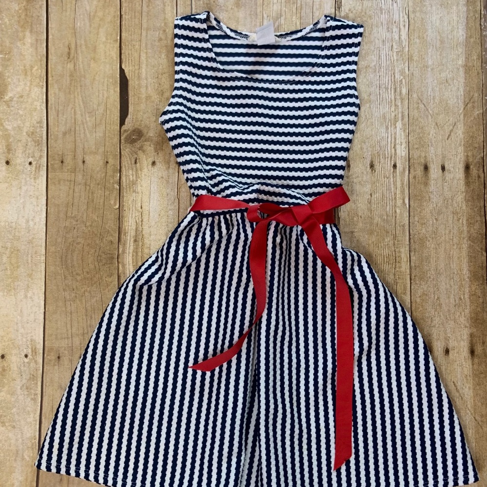 Btween Girl’s Navy Striped Dress with Red Belt 7